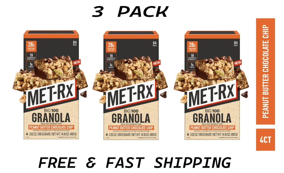 (PAQUETE DE 3) MET-Rx Big 100 Barritas de Proteína, Barritas de Comida de Mantequilla de Maní Granola, 4 Ct. Foto 1 de 1