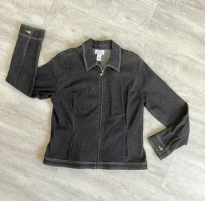 Ann Taylor Loft Black Denim Jacket Size 14 Womens Zip Up - Picture 1 of 3