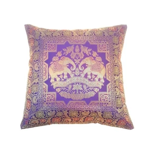 16x16 Inch Purple Cushion Cover Elephant Woven Zari Brocade Banarasi Silk Decor - Picture 1 of 8