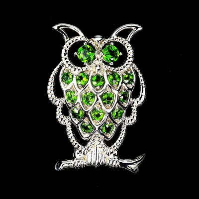 925 Sterling Silber Anhänger Runder Chromdiopsid 3Mm Eulen Edelstein Schmuck - Bild 1 von 4