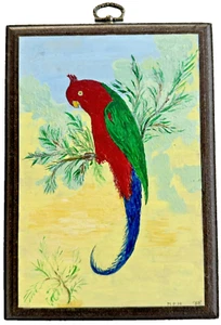 Outsider Art Amatuer Gemälde Papagei Vogel 1988 MPH 8x6 Zoll auf Punze Holzbrett - Bild 1 von 4