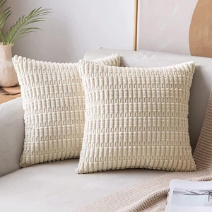 Pack of 2 Corduroy Decorative Throw Pillow Covers 18X18 Inch Soft Boho Striped P - Picture 1 of 12