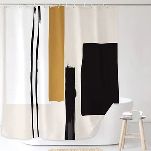 Abstract Geometric Shower Curtain 71x71" Black Tan Minimalist Modern with Hooks - Picture 1 of 5