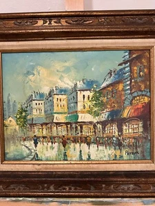 VINTAGE OIL PAINTING FRENCH STREET SCENE SIGNED PETERS ON CANVAS FRANCE - Picture 1 of 24