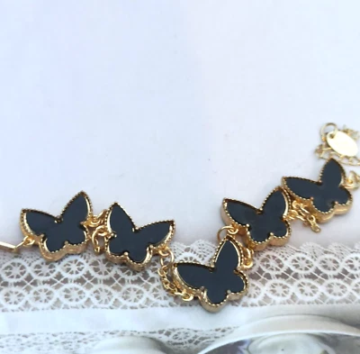 Pulsera Mariposa Negro Esmalte Dorado Firmado Estación Niña Adolescente Regalo Navidad Foto 1 de 4