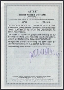 Deutsches Reich - MiNr. 63 c, neues Attest Jäschke-Lantelme BPP, extrem selten - Bild 1 von 2