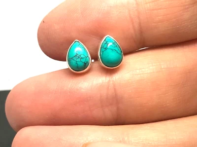 Turquoise pear stud earrings, solid Sterling Silver, 7 x 5mm. New. - Image 1 of 4