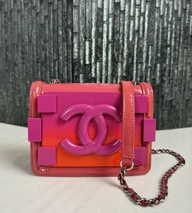 Authentic CHANEL Plexiglass Patent Mini Boy Brick Flap Orange Pink Crossbody Bag - Picture 1 of 17