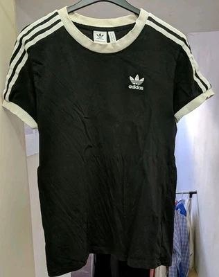Adidas Ladies T-Shirt Top UK 10 / 36" chest / Small Black Three White Stripes  - Image 1 of 4