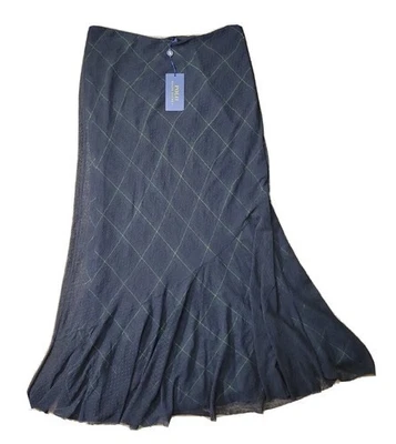 NEW - Ralph Lauren Tartan Silk Chiffon Maxi Skirt Women's Size 8 Navy Lined NWT - Image 1 of 4