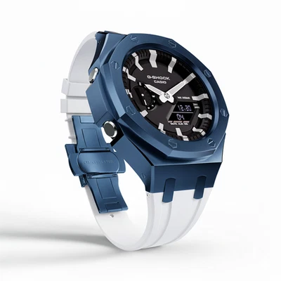Casioak Mod Watch Casio G-Shock GA-2100 Blue Case White Silicone Strap GA2100-1A - image 1 of 4