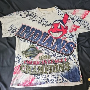 RARE VTG Single Stitch All Over Print Cleveland Indians World Series T-Shirt - Bild 1 von 24