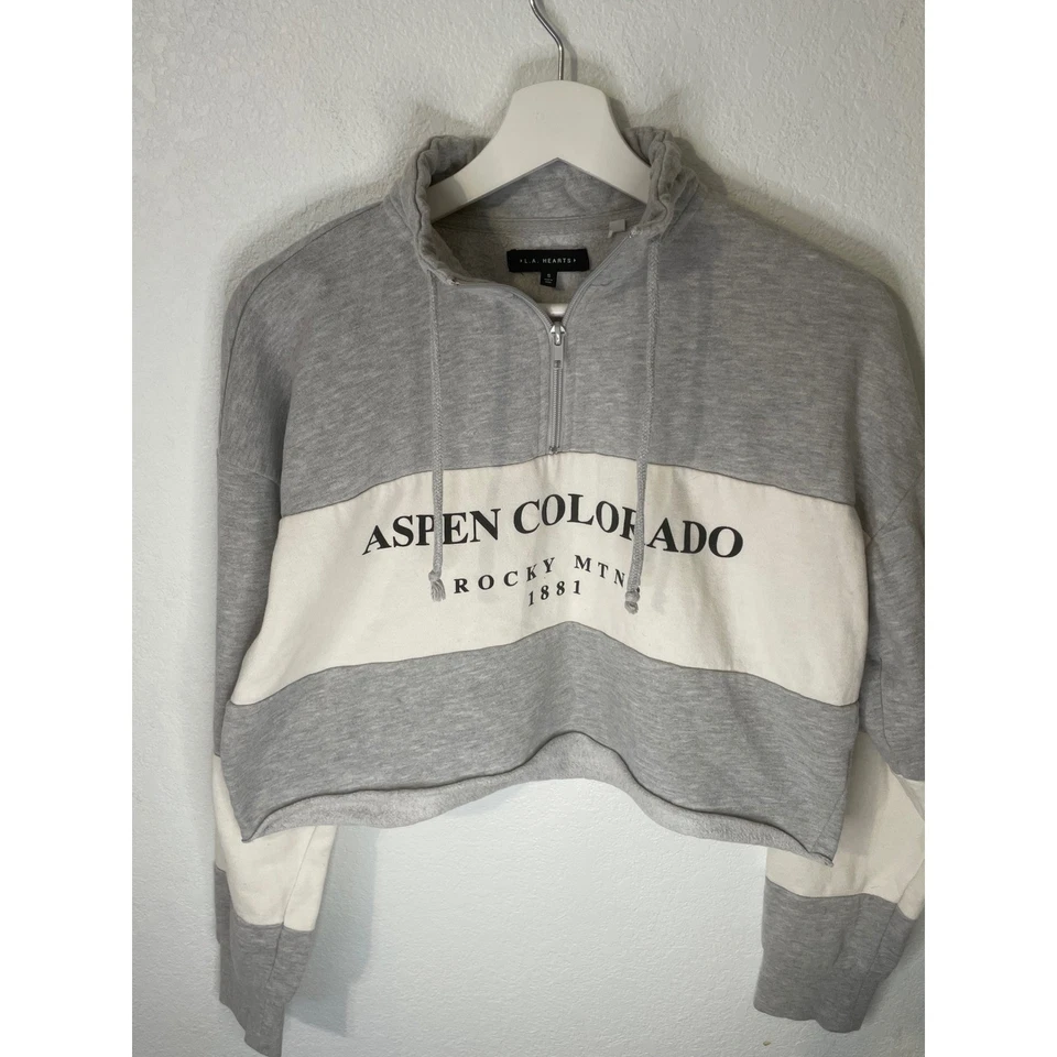 LA сердца женщин укороченный четверть молнии толстовка Aspen Colorado печать серый белый - Изображение 1 из 4