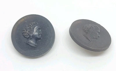 LOT OF 2 ANTIQUE FRENCH VICTORIAN LADY BLACK PRESSED HORN BUTTON LCJ&F Caen - Image 1 of 4