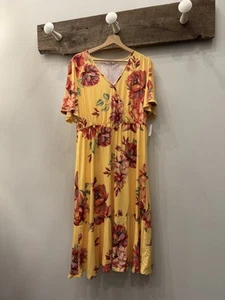 New Coldwater Creek V Neck Dress XL Floral Flutter Long Maxi Yellow Bright Party - Picture 1 of 4