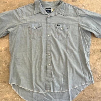 Vintage 90s Wrangler Western Snap Shirt Men’s XL Tall Light Blue Chambray USA - Image 1 of 3