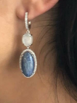 Platino Argento Sterling a Pavé Blu e Bianco Agata Ovale Pendente Halo Orecchini - Immagine 1 di 4