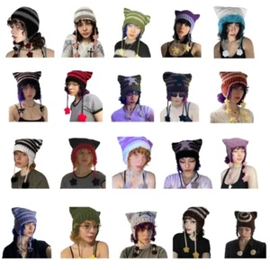 Cartoon Striped Knit Beanie Hat Y2K Star Party Photo Props Hot Girl Teens - Picture 1 of 27