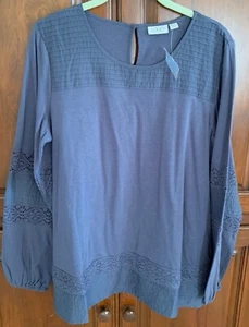 LOGO by Lori Goldstein Cotton Modal Top with Pleats & Crochet Detail - Small - Picture 1 of 8
