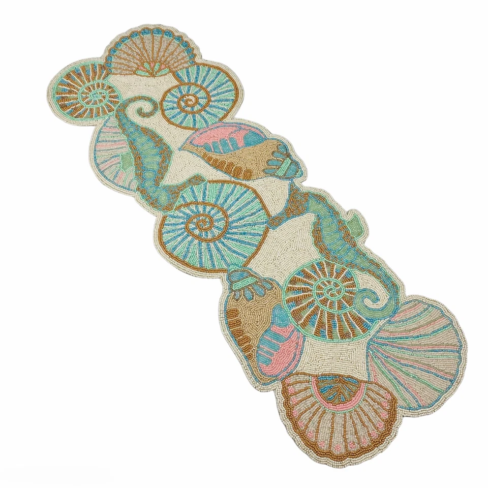 Ocean Seashells Seahorses Conch Sand Dollars Beaded 36in Table Runner - Image 1 of 1