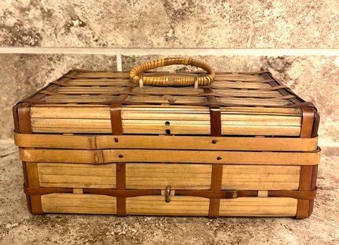 Wicker Lidded Trinket Basket w/ Handle Vintage Wooden Two Pc Storage Box Small Cover