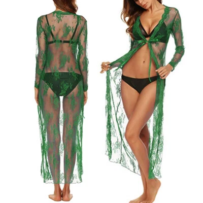 Vestido feminino sexy longo de renda quimono roupão lingerie cílios babydoll transparente cover up - Imagem 1 de 4