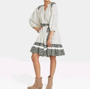 Knox Rose Women's 3/4 Sleeve A-Line Dress Cream Polka Dots Belted Large New - Picture 1 of 8