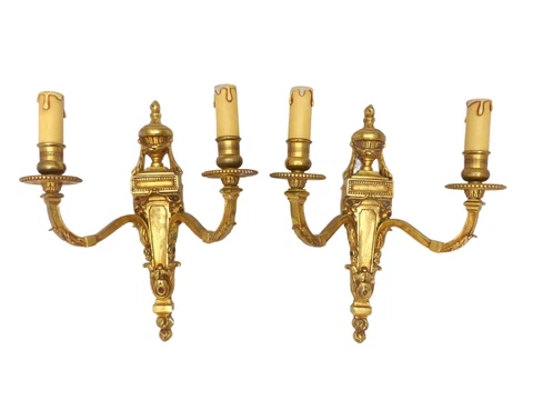 13" Vintage PAIR French LOUIS XVI Wall Light Sconce 2 Lights Gilded Bronze 1970 Cover