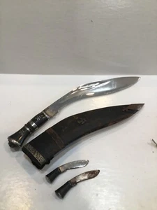 Vintage NEPAL kukri knife w side tools leather sheath NICE antique early 20th - Picture 1 of 8