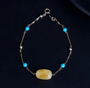 I04 Armband Sterling Silber 925 vergoldet honiggelber Bernstein und Türkisperlen - Bild 1 von 12