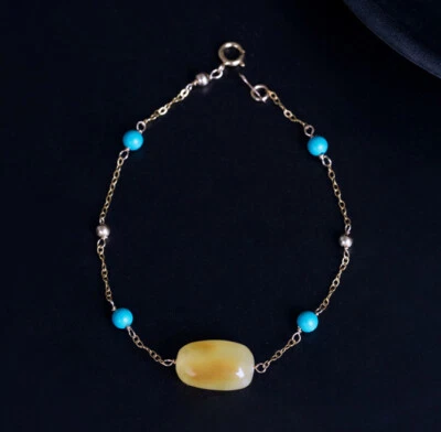 I04 Armband Sterling Silber 925 vergoldet honiggelber Bernstein und Türkisperlen - Bild 1 von 4