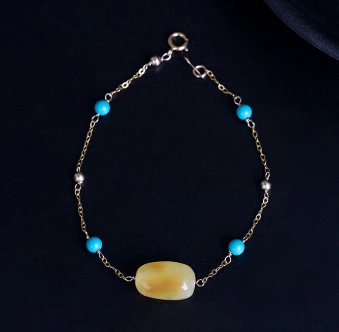 I04 Armband Sterling Silber 925 vergoldet honiggelber Bernstein und Türkisperlen - Bild 1 von 4