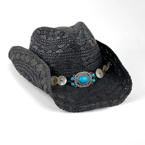 Conner Hats Cappello da Cowboy in Rafia Nero - Fascia Turchese concho - Foto 1 di 10