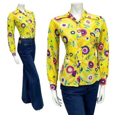 VTG 60S 70S YELLOW WHITE PINK BLUE FLORAL POLKA DOT MOD DAGGER COLLAR SHIRT 12 - Image 1 of 4