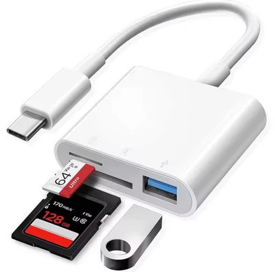 Lector de Tarjetas SD para iPhone, iPad, USB C Lightning Doble Puerto Plateado Blanco  Foto 1 de 4