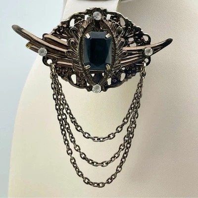 Vintage Gothic Black Acrylic Stone Brooch with Chains & Filigree Accents - Image 1 of 4