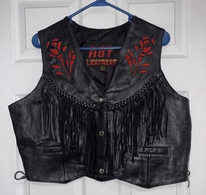 Hot Leathers Woman’s Black Red Rose Fringe Leather Vest Side Corset Snaps XXL - Picture 1 of 9