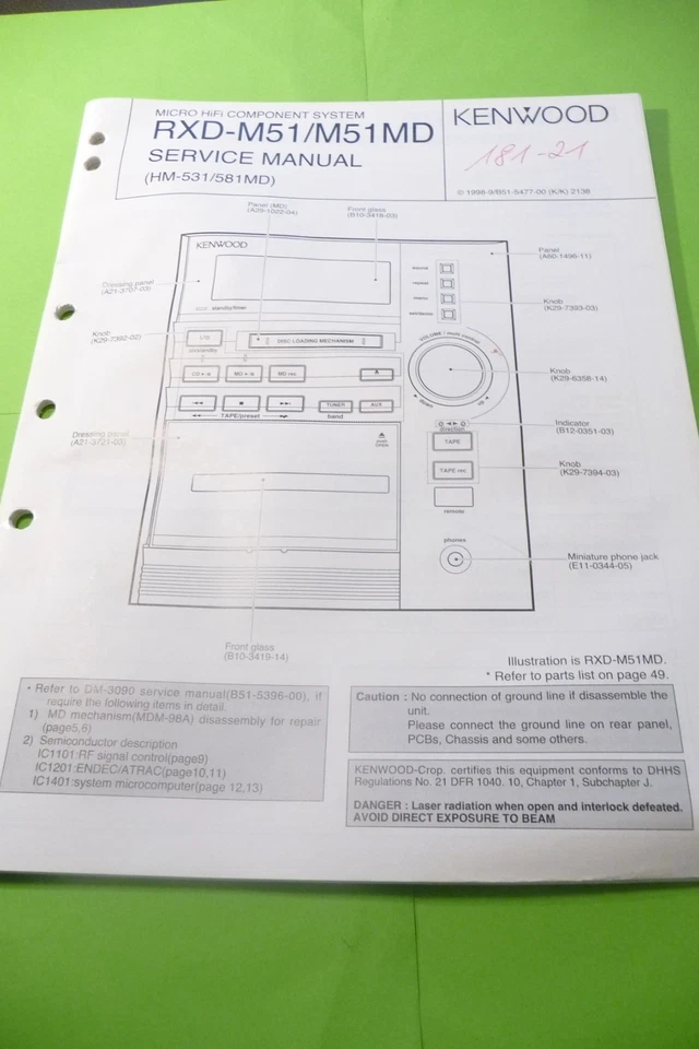 Manuale Di Servizio Per Kenwood RXD-M51, ORIGINALE !! - Immagine 1 di 1
