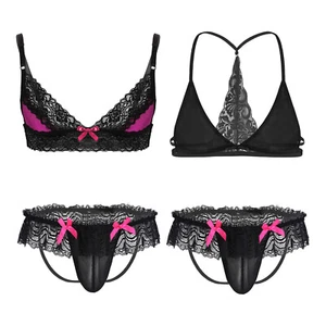 Men Sexy Lingerie Set Sissy Lace Trim Bra Top with G-String Gay Nightwear Outfit - Picture 1 of 17