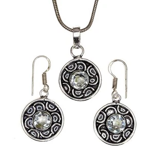 Topaz Set White Pendant Earrings Jewelry Necklace Gemstone Blue - Imagen 1 de 11