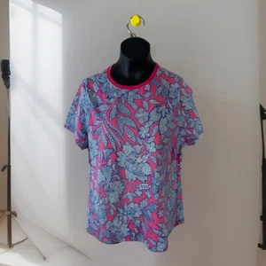 Lands End Swimsuit Top Girl XL 16 + Pink W/ Blue Floral Rash Guard Short Sleeve - Picture 1 of 8