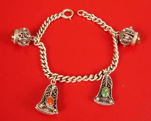 VINTAGE STERLING SILVER BELL FILAGREE CARNELIAN CORAL TURQUOISE BRACELET WOW !! - Picture 1 of 5