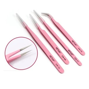 VETUS Pink Tweezers Stainless Steel Precise For Eyelash Extension CS-11 12 15 5A - Picture 1 of 10