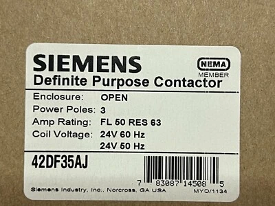 Genuine Siemens 42DF35AJ Definite Purpose Contactor 3-Pole 50 Amp  24V Coil - Image 1 of 3
