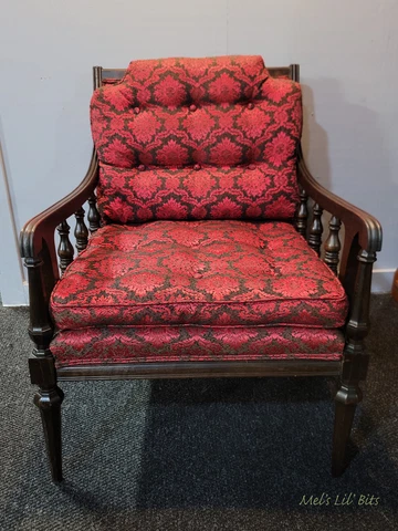 Walnut Antique Victorian Style Low Wide Seat Chair Red and Black Damascus Patter Cover