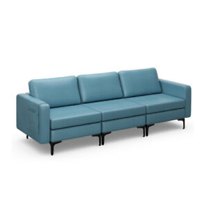 Durab3-Seat Sectional Sofa Couch with Armrest Magazine Pocket and Metal Leg-Blue