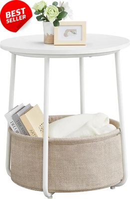 Small Round Side End Table Nightstand with Fabric Basket Modern White Brown - image 1 of 4