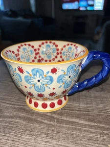 Anthropologie Elka Ayaka Footed Pedestal Mug Twisted Blue Handle Cottage Core - Picture 1 of 6