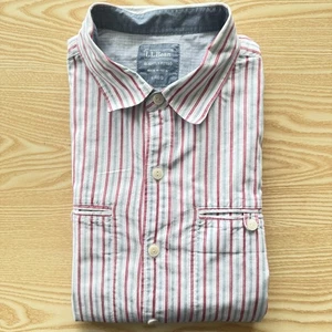 L.L.Bean Large Striped Shirt Mens White Red Blue 25" Pit-to-Pit Short Sleeve Men - Picture 1 of 10