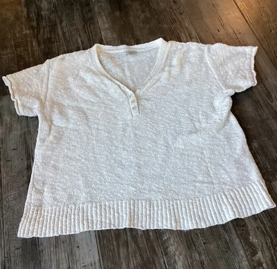 LL Bean Sweater Women Cream Henley Cotton Slub Short Sleeve Fisherman Medium - Image 1 of 4